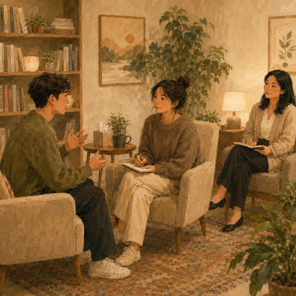 插画：咨询师同伴围坐交流，学习与反思中成长